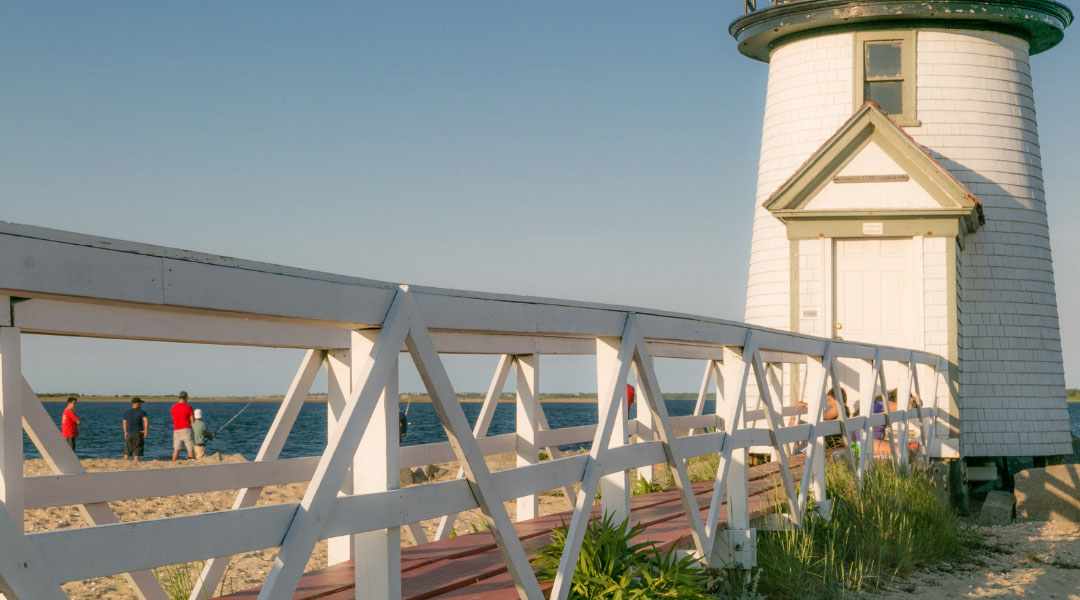 View of the walkway leading up to a lighthouse on Nantucket